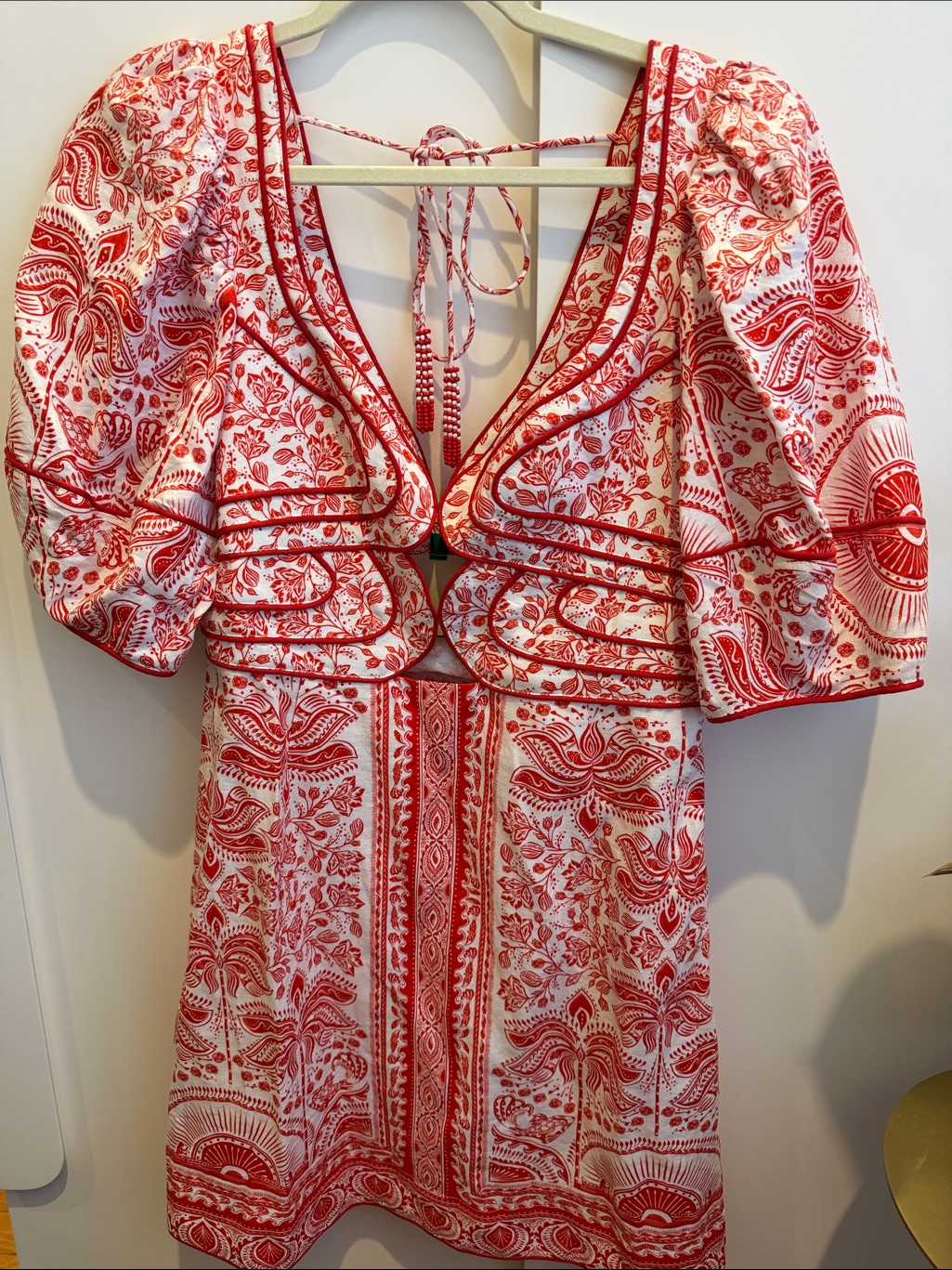 Farm Rio Red And White Puff-Sleeve Tie-Back Mini Dress
